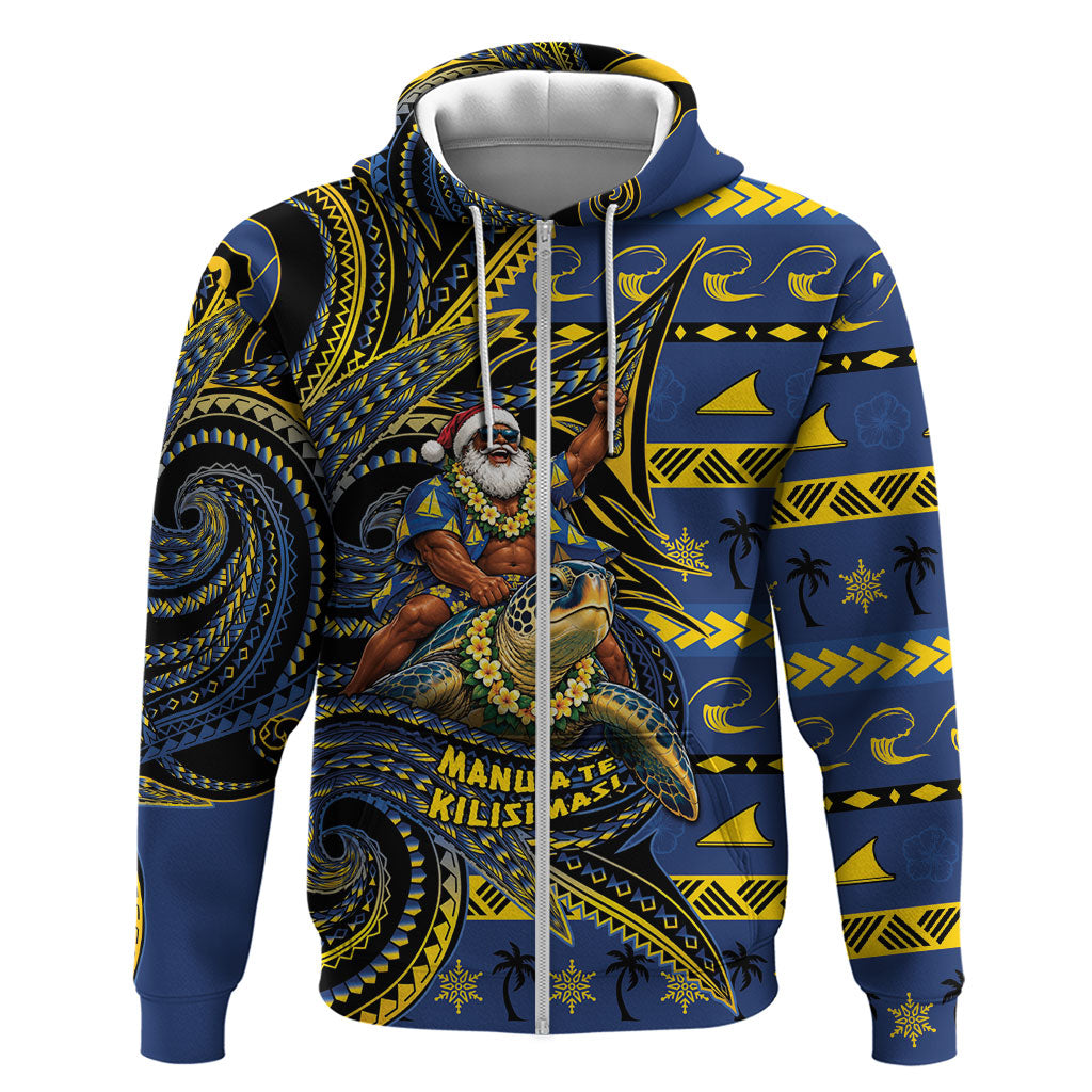 Tokelau Christmas Hoodie Santa Riding Sea Turtle DT05 Zip Hoodie Navy - Polynesian Pride