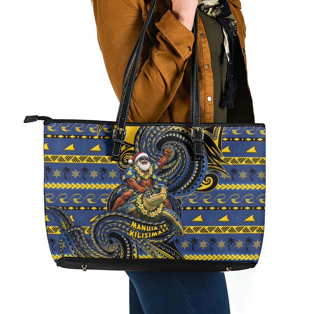 Tokelau Christmas Leather Tote Bag Santa Riding Sea Turtle