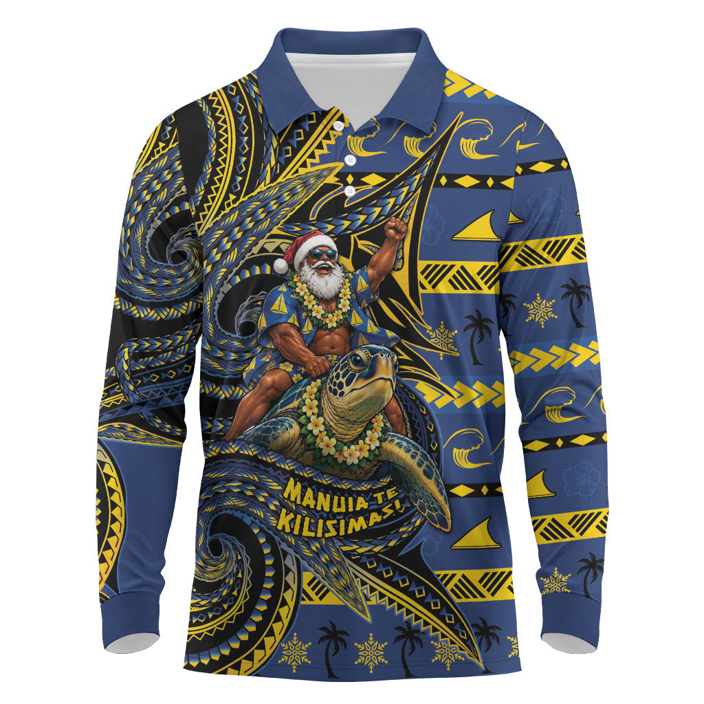 Tokelau Christmas Long Sleeve Polo Shirt Santa Riding Sea Turtle DT05 Navy - Polynesian Pride