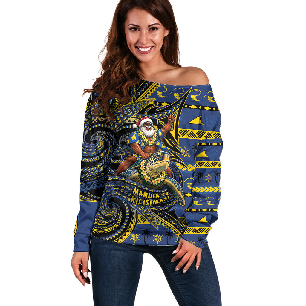 Tokelau Christmas Off Shoulder Sweater Santa Riding Sea Turtle DT05 Women Navy - Polynesian Pride