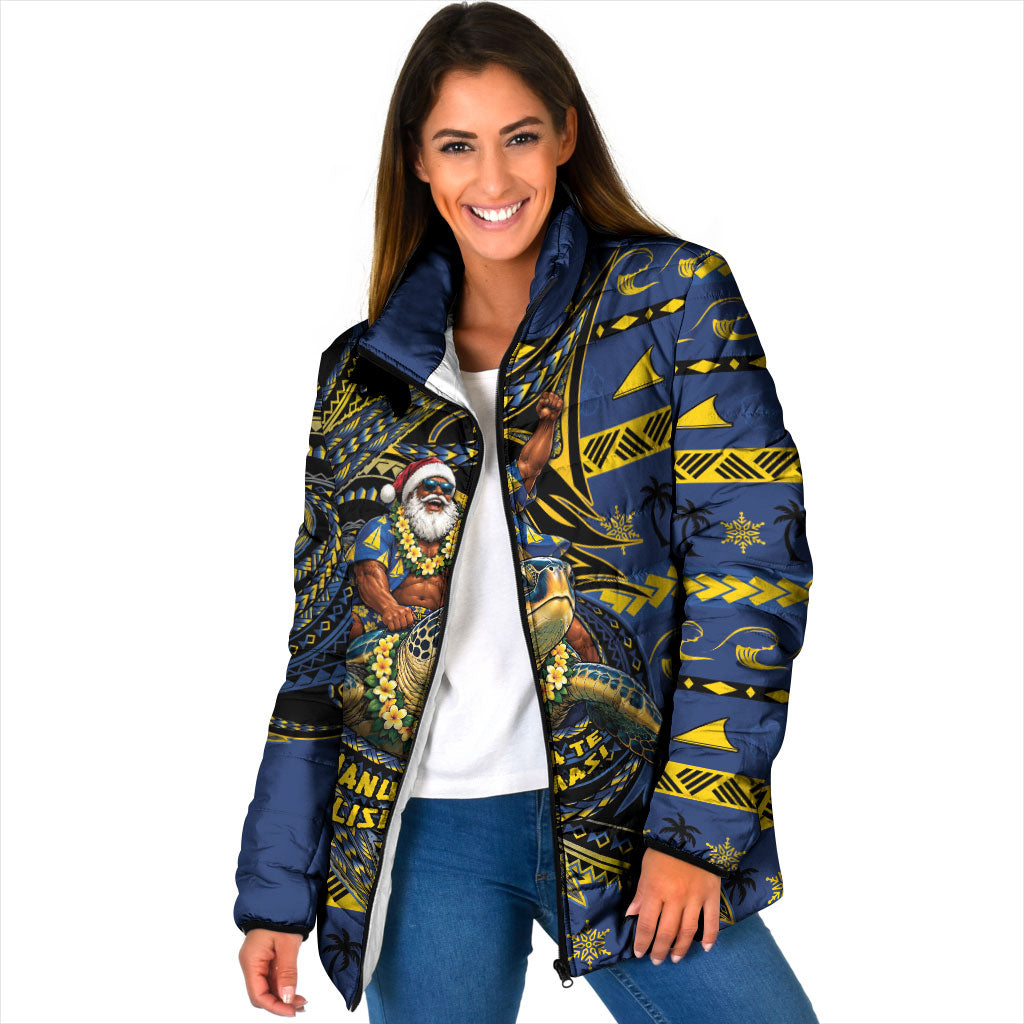 Tokelau Christmas Padded Jacket Santa Riding Sea Turtle DT05 Women Navy - Polynesian Pride