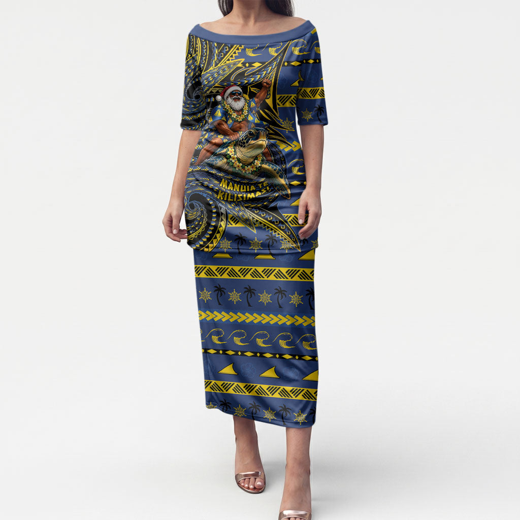 Tokelau Christmas Puletasi Santa Riding Sea Turtle DT05 Long Dress Navy - Polynesian Pride