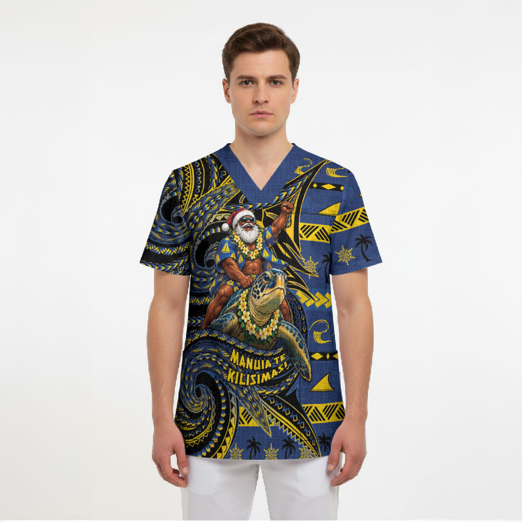 Tokelau Christmas Scrub Top Santa Riding Sea Turtle
