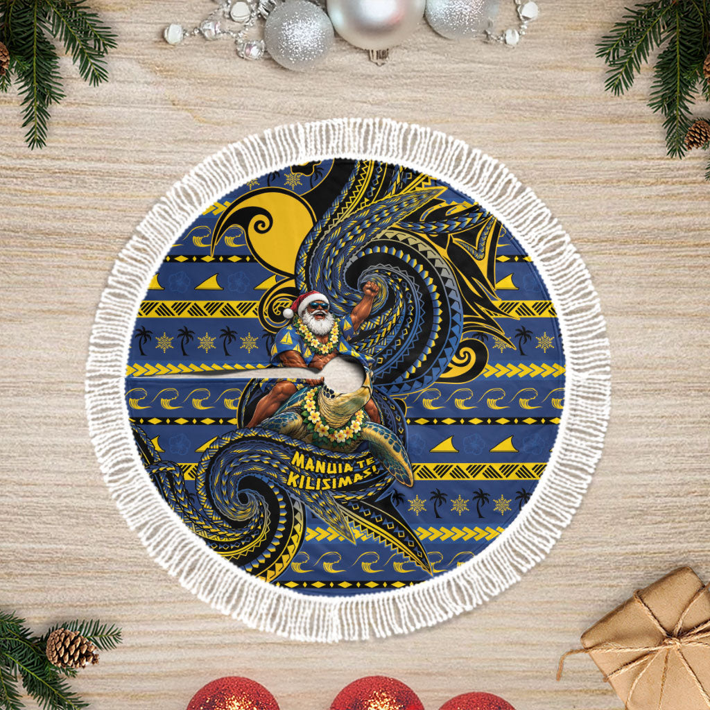 Tokelau Christmas Tree Skirt Santa Riding Sea Turtle DT05 Fringed Navy - Polynesian Pride