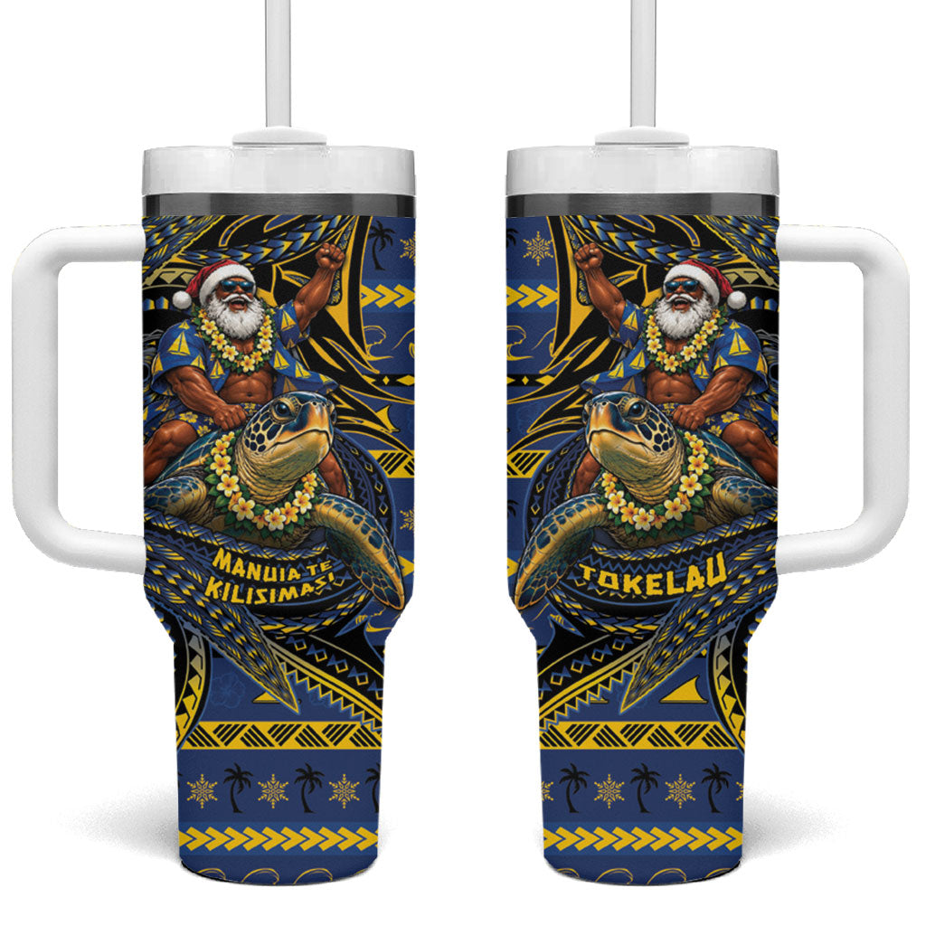 Tokelau Christmas Tumbler With Handle Santa Riding Sea Turtle DT05 One Size: 40 oz Navy - Polynesian Pride