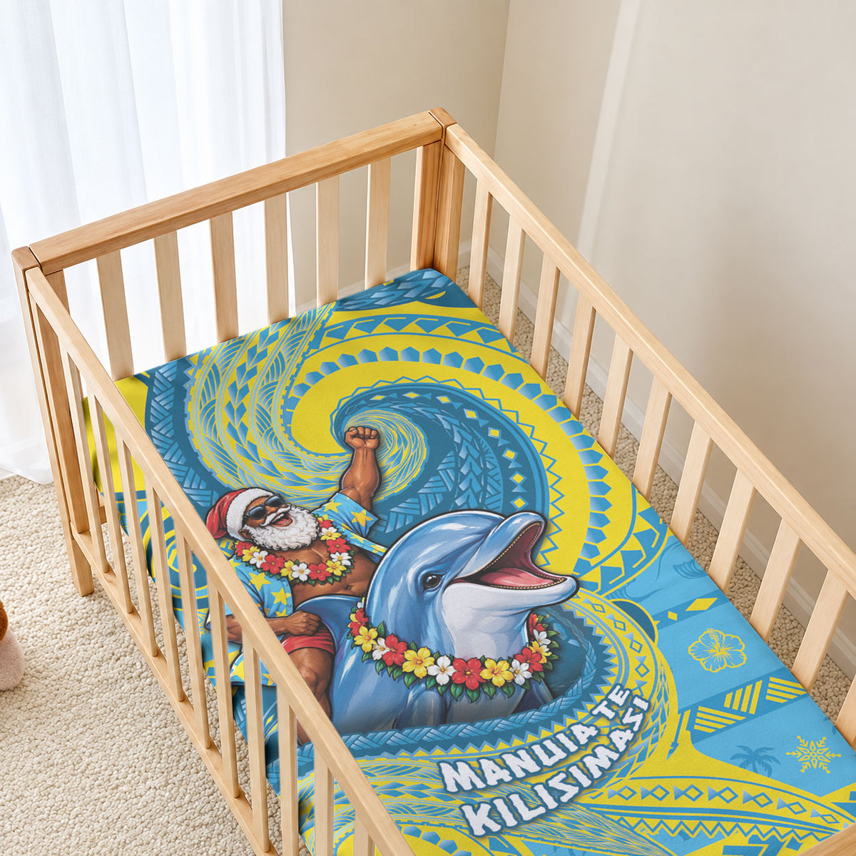 Tuvalu Christmas Baby Bed Cover Santa Riding Ocean Dolphin