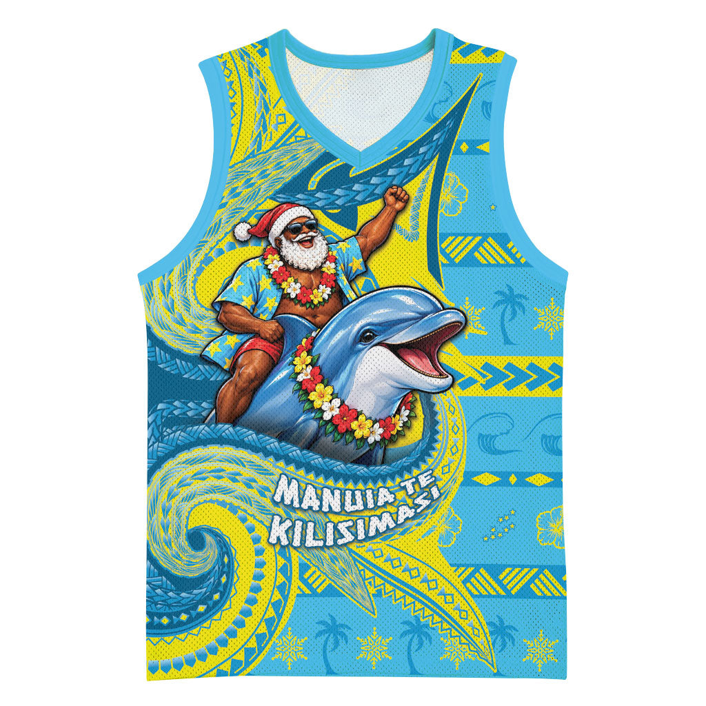 Tuvalu Christmas Basketball Jersey Santa Riding Ocean Dolphin DT05 Unisex Blue - Polynesian Pride