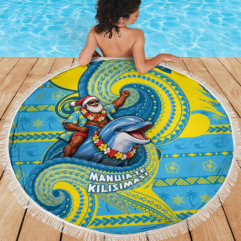 Tuvalu Christmas Beach Blanket Santa Riding Ocean Dolphin DT05 - Polynesian Pride