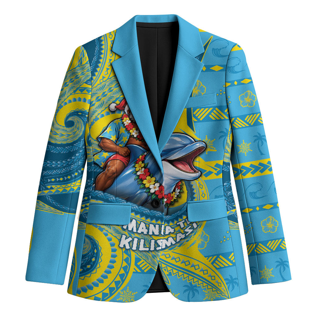 Tuvalu Christmas Blazer Santa Riding Ocean Dolphin DT05 Unisex Blue - Polynesian Pride