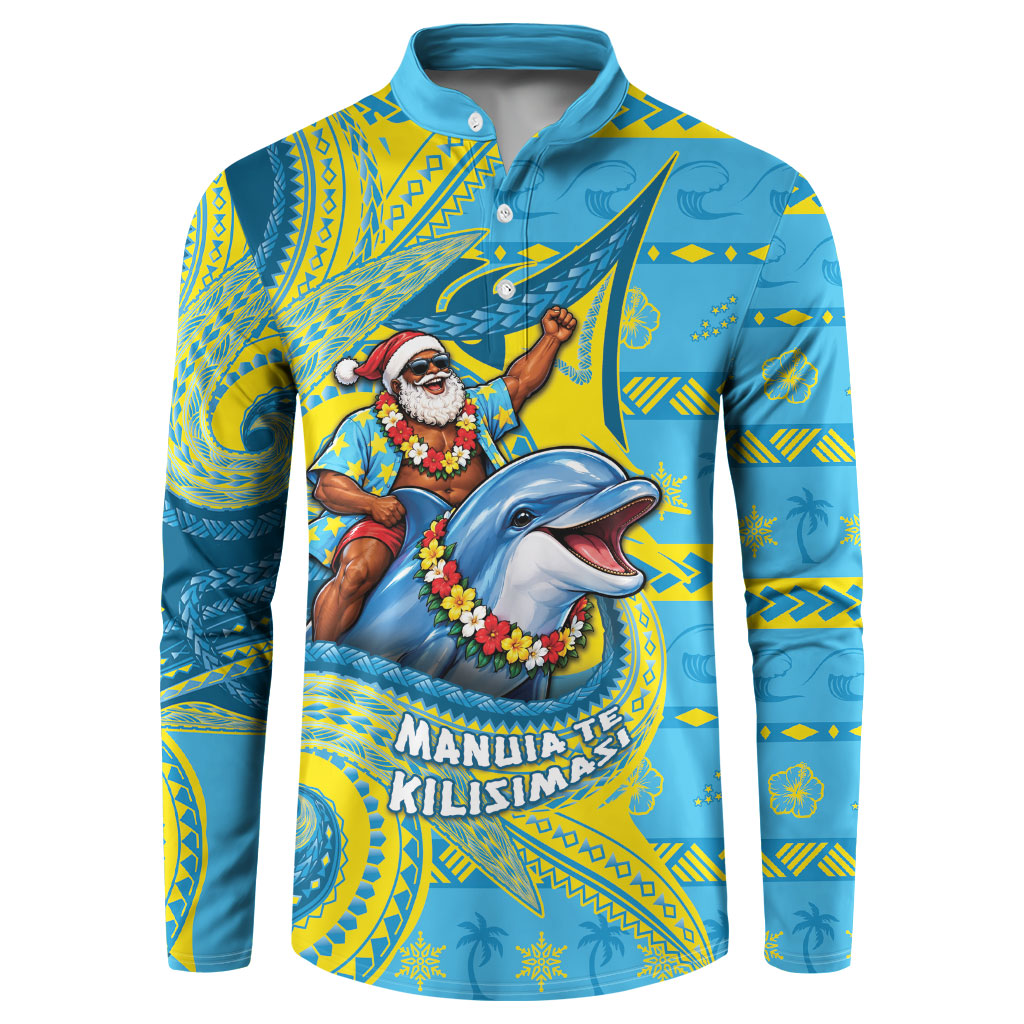 Tuvalu Christmas Button Sweatshirt Santa Riding Ocean Dolphin