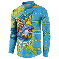 Tuvalu Christmas Button Sweatshirt Santa Riding Ocean Dolphin