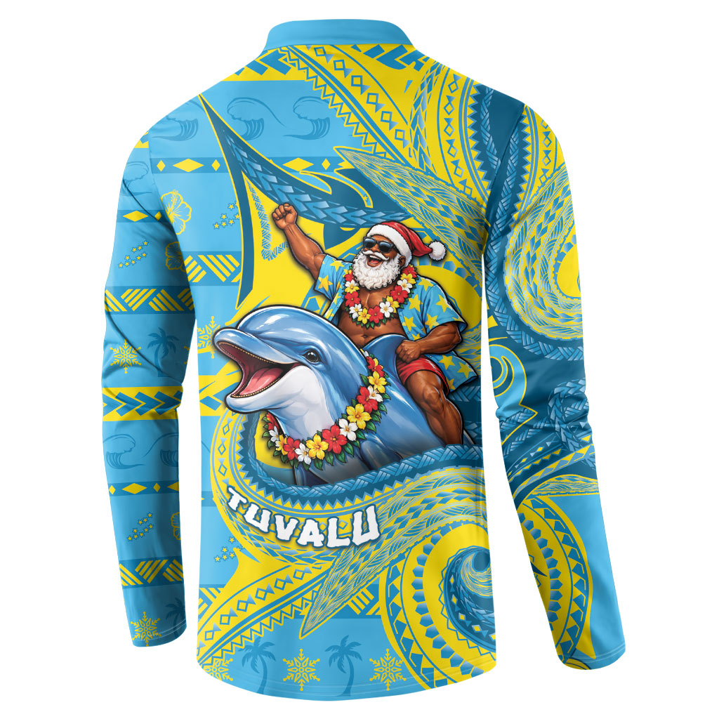 Tuvalu Christmas Button Sweatshirt Santa Riding Ocean Dolphin