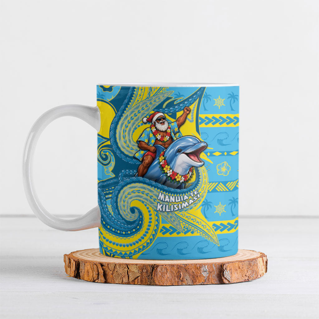Tuvalu Christmas Ceramic Mug Santa Riding Ocean Dolphin DT05 Blue - Polynesian Pride