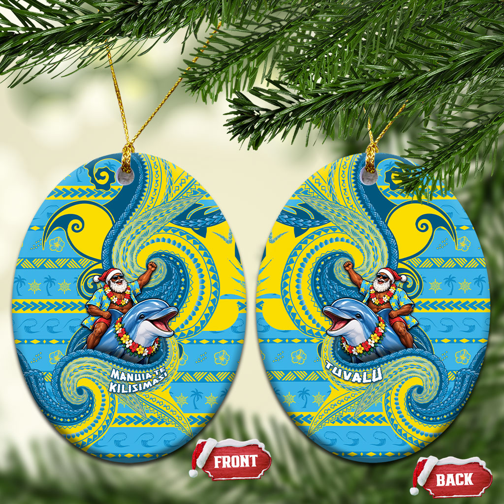 Tuvalu Christmas Ceramic Ornament Santa Riding Ocean Dolphin DT05 Oval Blue - Polynesian Pride