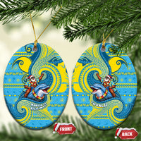 Tuvalu Christmas Ceramic Ornament Santa Riding Ocean Dolphin DT05 Oval Blue - Polynesian Pride