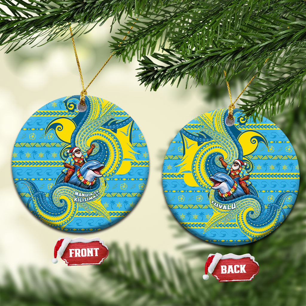 Tuvalu Christmas Ceramic Ornament Santa Riding Ocean Dolphin DT05 Circle Blue - Polynesian Pride