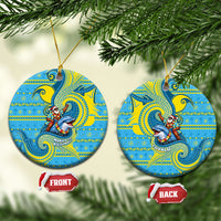Tuvalu Christmas Ceramic Ornament Santa Riding Ocean Dolphin DT05 Circle Blue - Polynesian Pride