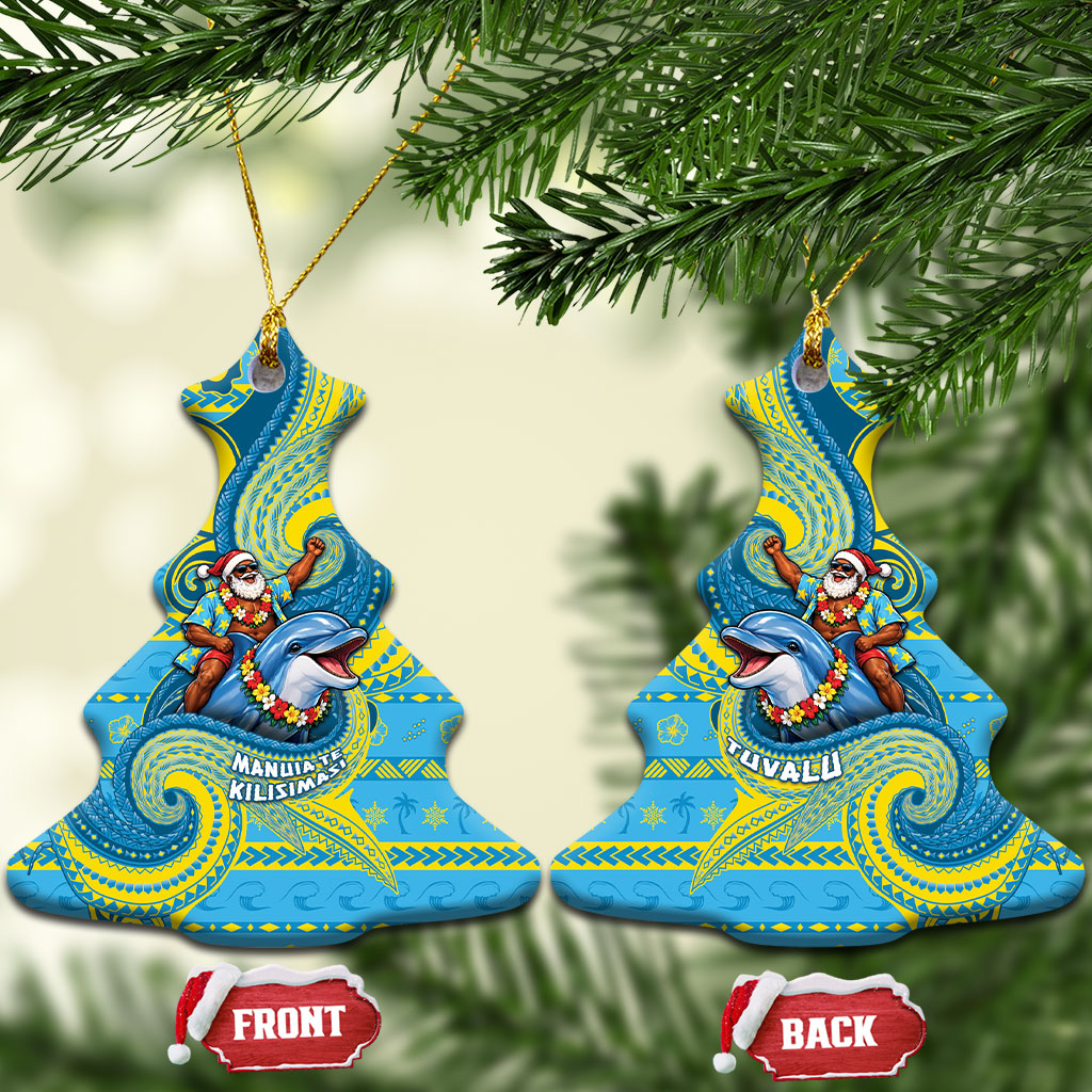 Tuvalu Christmas Ceramic Ornament Santa Riding Ocean Dolphin DT05 Christmas Tree Blue - Polynesian Pride