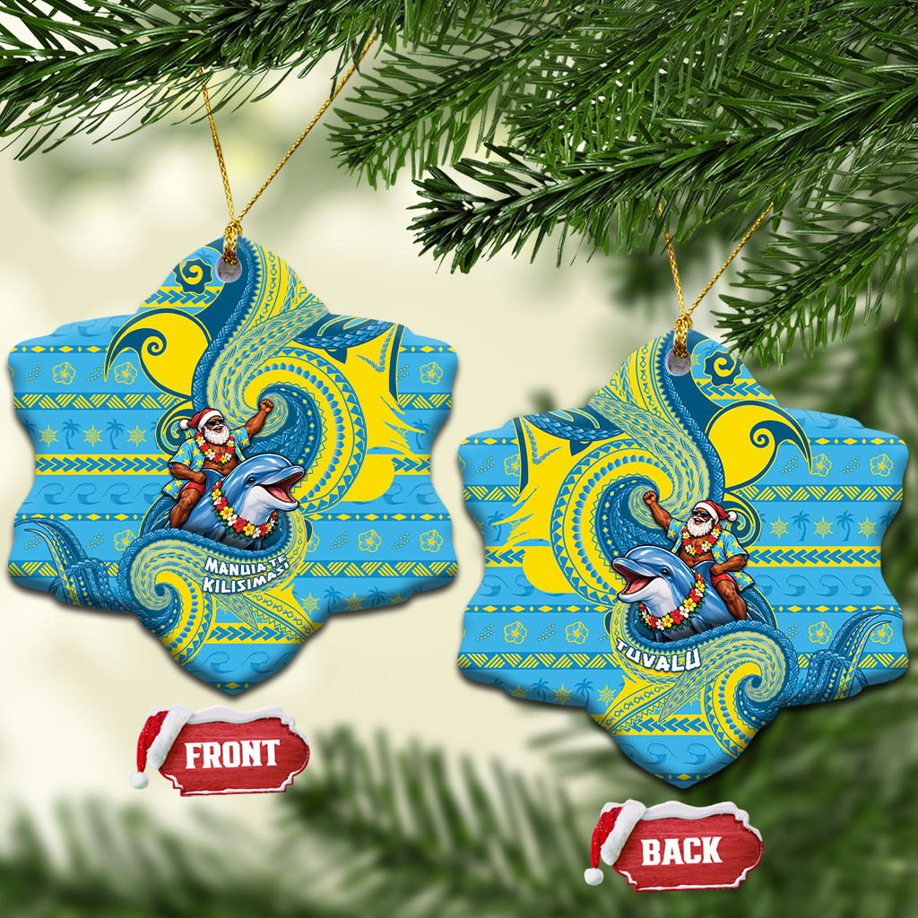 Tuvalu Christmas Ceramic Ornament Santa Riding Ocean Dolphin DT05 Snow Flake Blue - Polynesian Pride