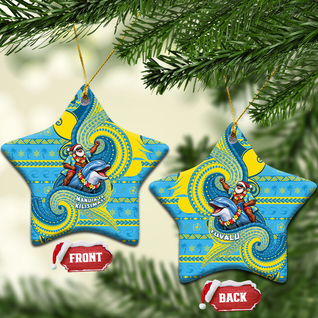 Tuvalu Christmas Ceramic Ornament Santa Riding Ocean Dolphin DT05 Star Blue - Polynesian Pride