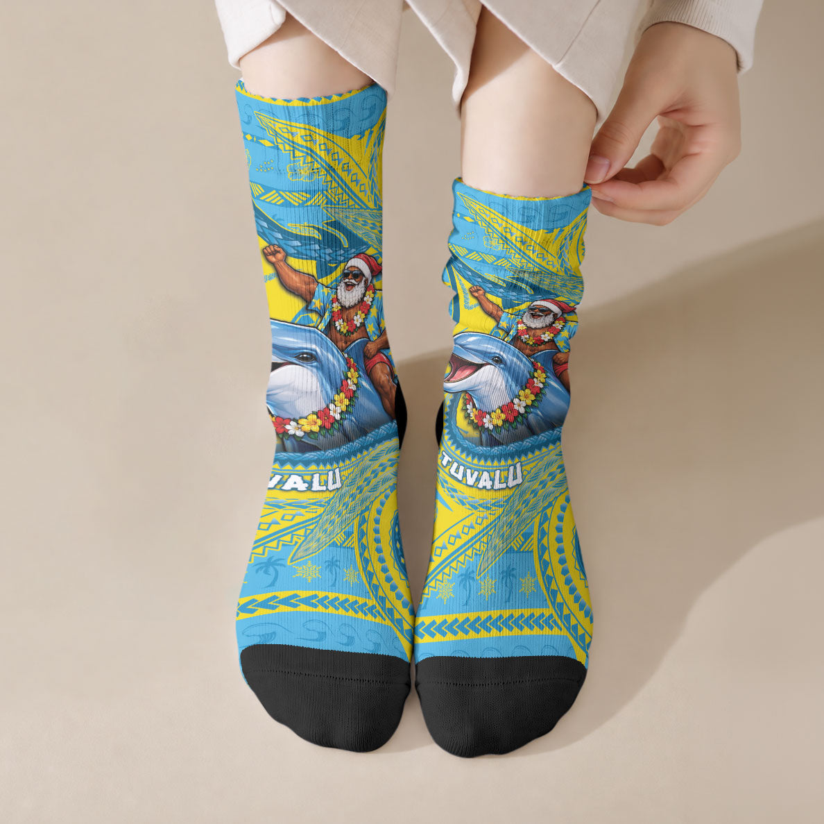 Tuvalu Christmas Crew Socks Santa Riding Ocean Dolphin DT05 Crew Socks Blue - Polynesian Pride