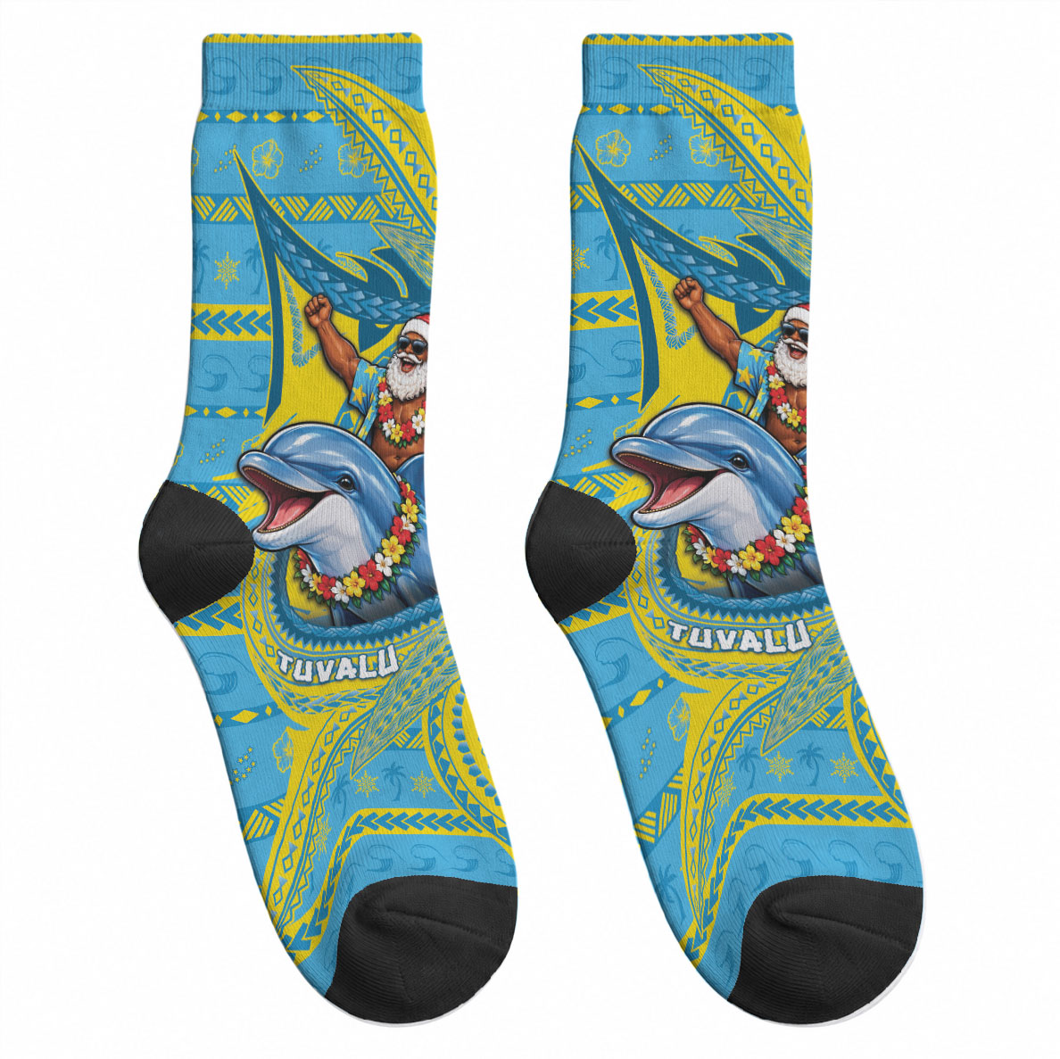 Tuvalu Christmas Crew Socks Santa Riding Ocean Dolphin DT05 - Polynesian Pride