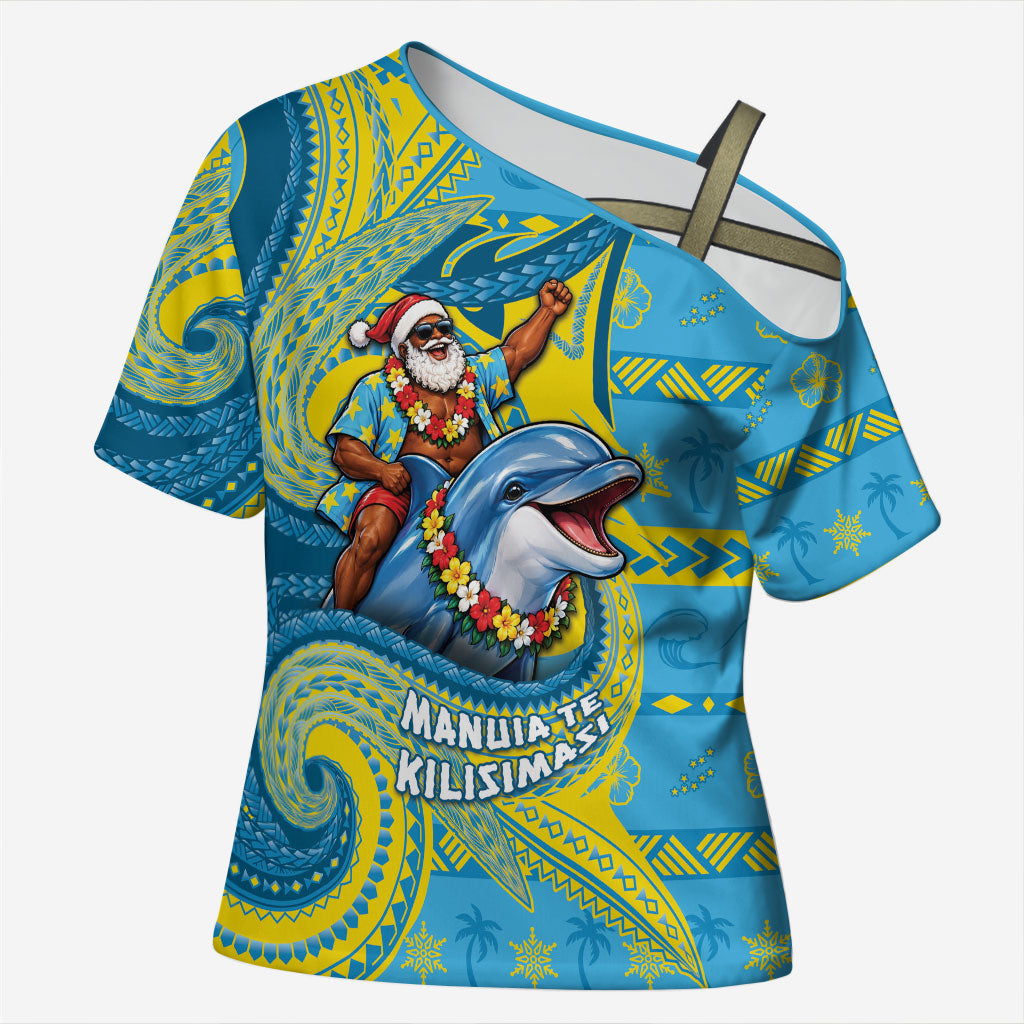 Tuvalu Christmas Cross Shoulder Shirt Santa Riding Ocean Dolphin DT05 Female Blue - Polynesian Pride
