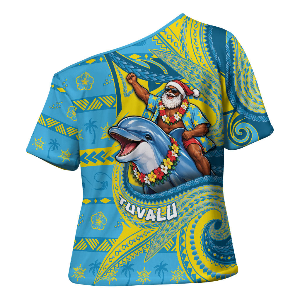 Tuvalu Christmas Cross Shoulder Shirt Santa Riding Ocean Dolphin DT05 - Polynesian Pride