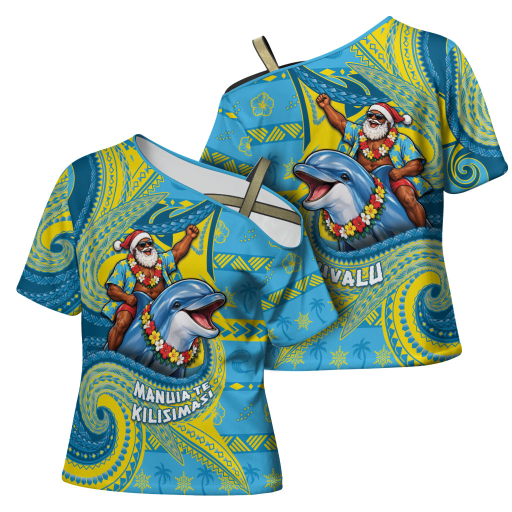 Tuvalu Christmas Cross Shoulder Shirt Santa Riding Ocean Dolphin DT05 - Polynesian Pride