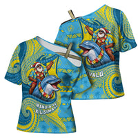 Tuvalu Christmas Cross Shoulder Shirt Santa Riding Ocean Dolphin DT05 - Polynesian Pride