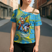 Tuvalu Christmas Cross Shoulder Shirt Santa Riding Ocean Dolphin DT05 - Polynesian Pride