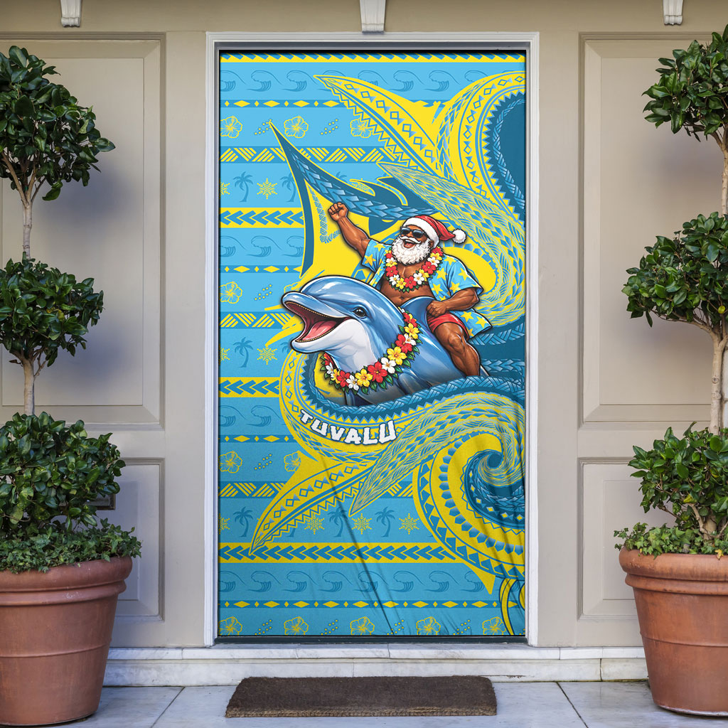 Tuvalu Christmas Door Cover Santa Riding Ocean Dolphin DT05 Blue - Polynesian Pride