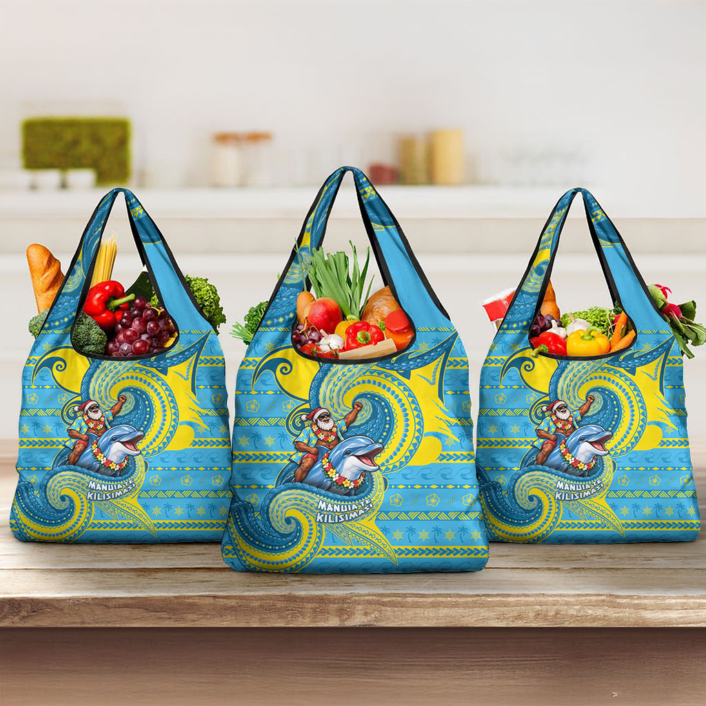 Tuvalu Christmas Grocery Bag Santa Riding Ocean Dolphin