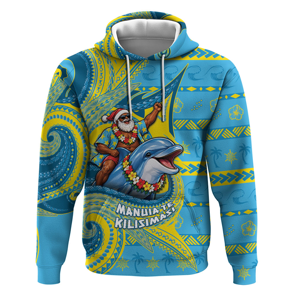 Tuvalu Christmas Hoodie Santa Riding Ocean Dolphin DT05 Pullover Hoodie Blue - Polynesian Pride