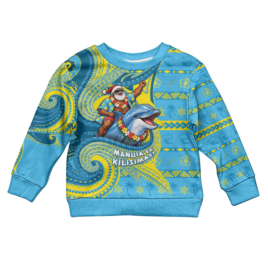 Tuvalu Christmas Kid Ugly Christmas Sweater Santa Riding Ocean Dolphin DT05 Kid Blue - Polynesian Pride