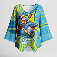 Tuvalu Christmas Kimono Sleeve Blouse Santa Riding Ocean Dolphin DT05 Female Blue - Polynesian Pride
