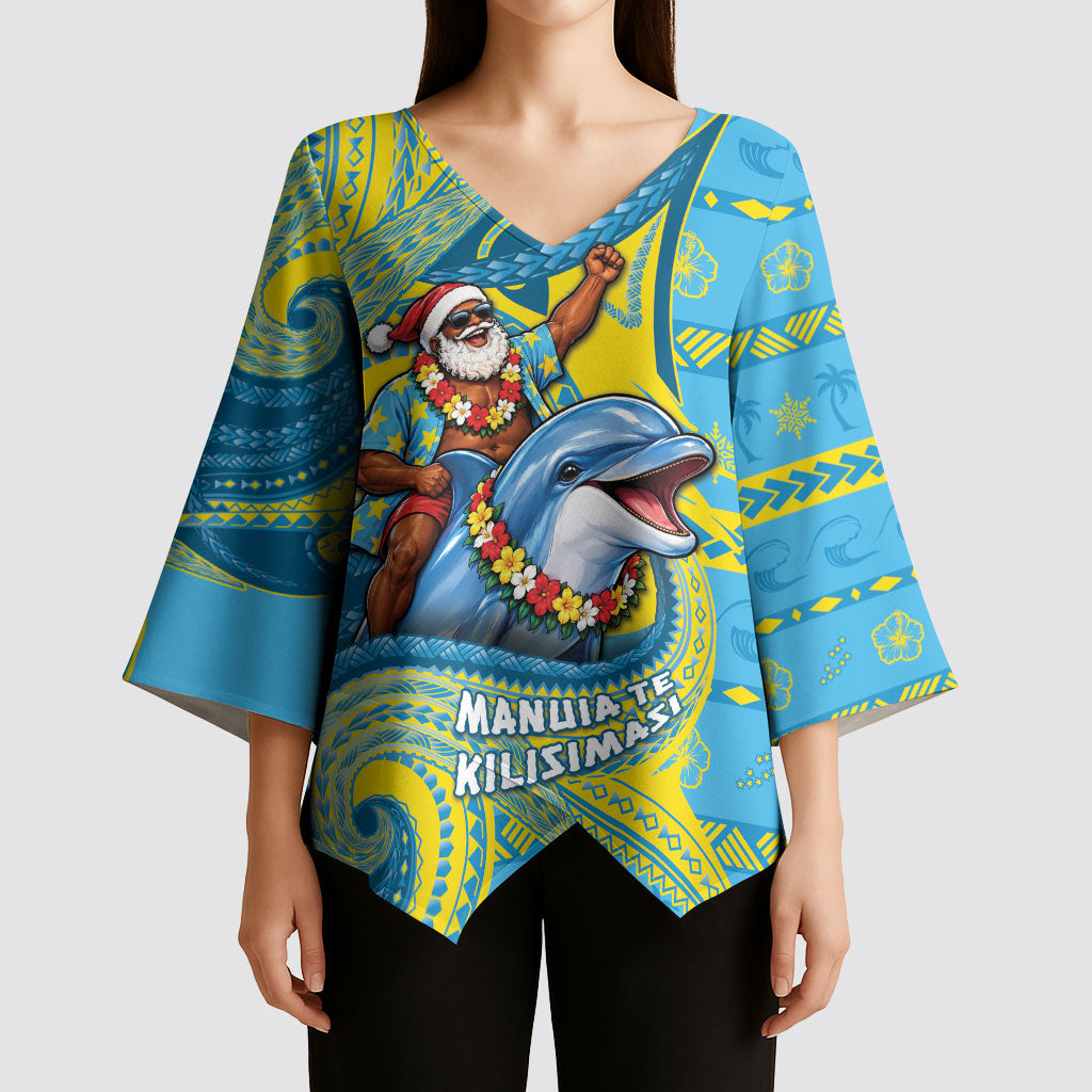 Tuvalu Christmas Kimono Sleeve Blouse Santa Riding Ocean Dolphin DT05 - Polynesian Pride