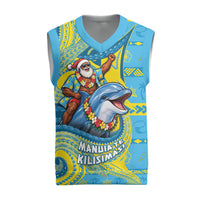 Tuvalu Christmas Knitted V-Neck Vest Santa Riding Ocean Dolphin