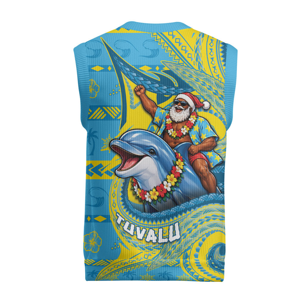 Tuvalu Christmas Knitted V-Neck Vest Santa Riding Ocean Dolphin