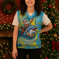 Tuvalu Christmas Knitted V-Neck Vest Santa Riding Ocean Dolphin