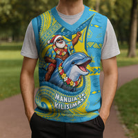 Tuvalu Christmas Knitted V-Neck Vest Santa Riding Ocean Dolphin