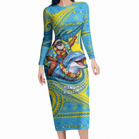 Tuvalu Christmas Long Sleeve Bodycon Dress Santa Riding Ocean Dolphin DT05 Long Dress Blue - Polynesian Pride