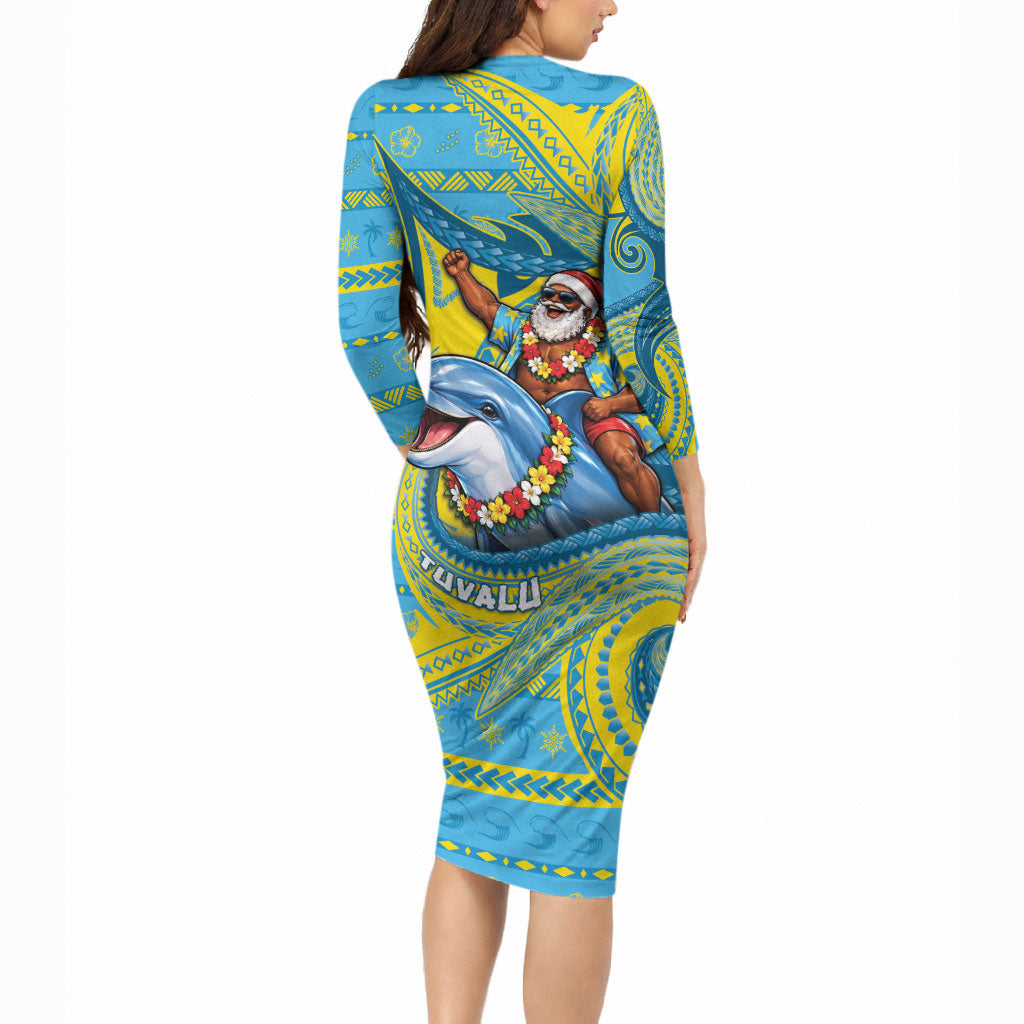 Tuvalu Christmas Long Sleeve Bodycon Dress Santa Riding Ocean Dolphin DT05 - Polynesian Pride
