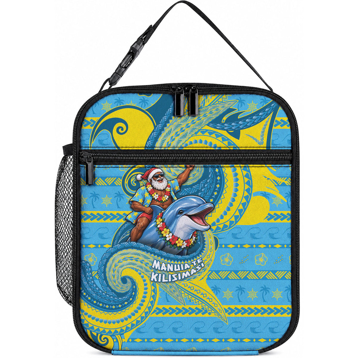 Tuvalu Christmas Lunch Bag Santa Riding Ocean Dolphin DT05 10.2 × 8.3 × 4.3 inch Blue - Polynesian Pride