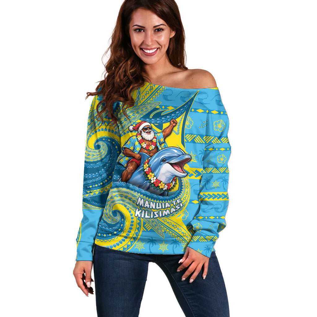 Tuvalu Christmas Off Shoulder Sweater Santa Riding Ocean Dolphin