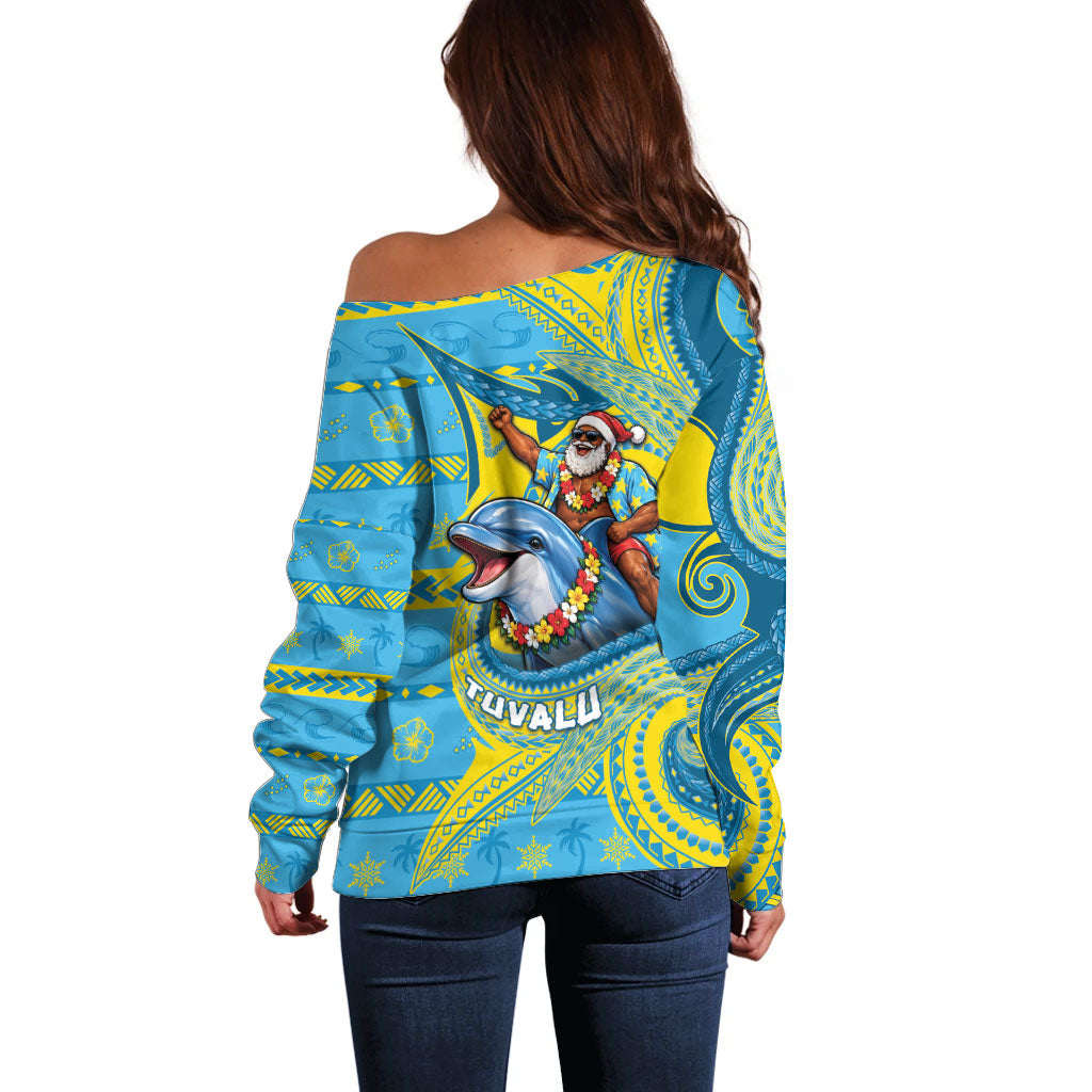 Tuvalu Christmas Off Shoulder Sweater Santa Riding Ocean Dolphin