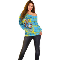Tuvalu Christmas Off Shoulder Sweater Santa Riding Ocean Dolphin