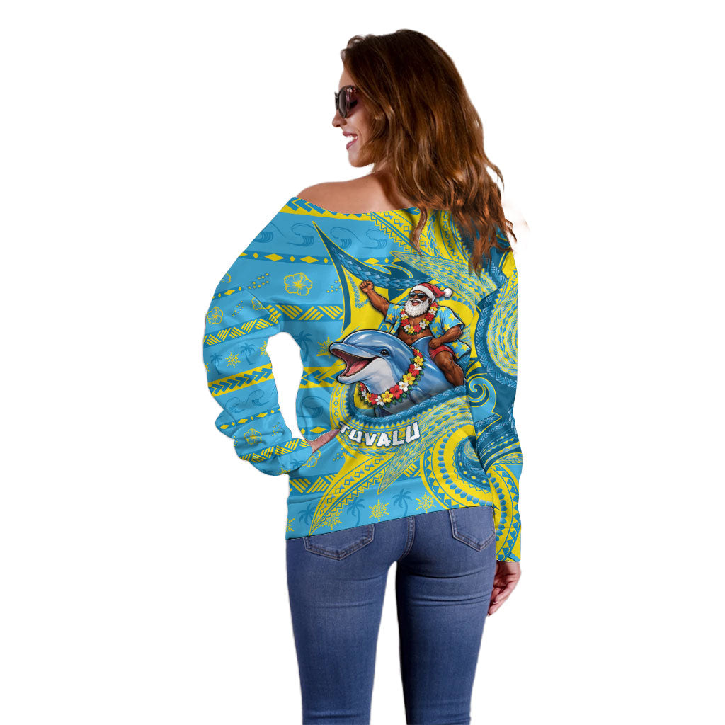Tuvalu Christmas Off Shoulder Sweater Santa Riding Ocean Dolphin