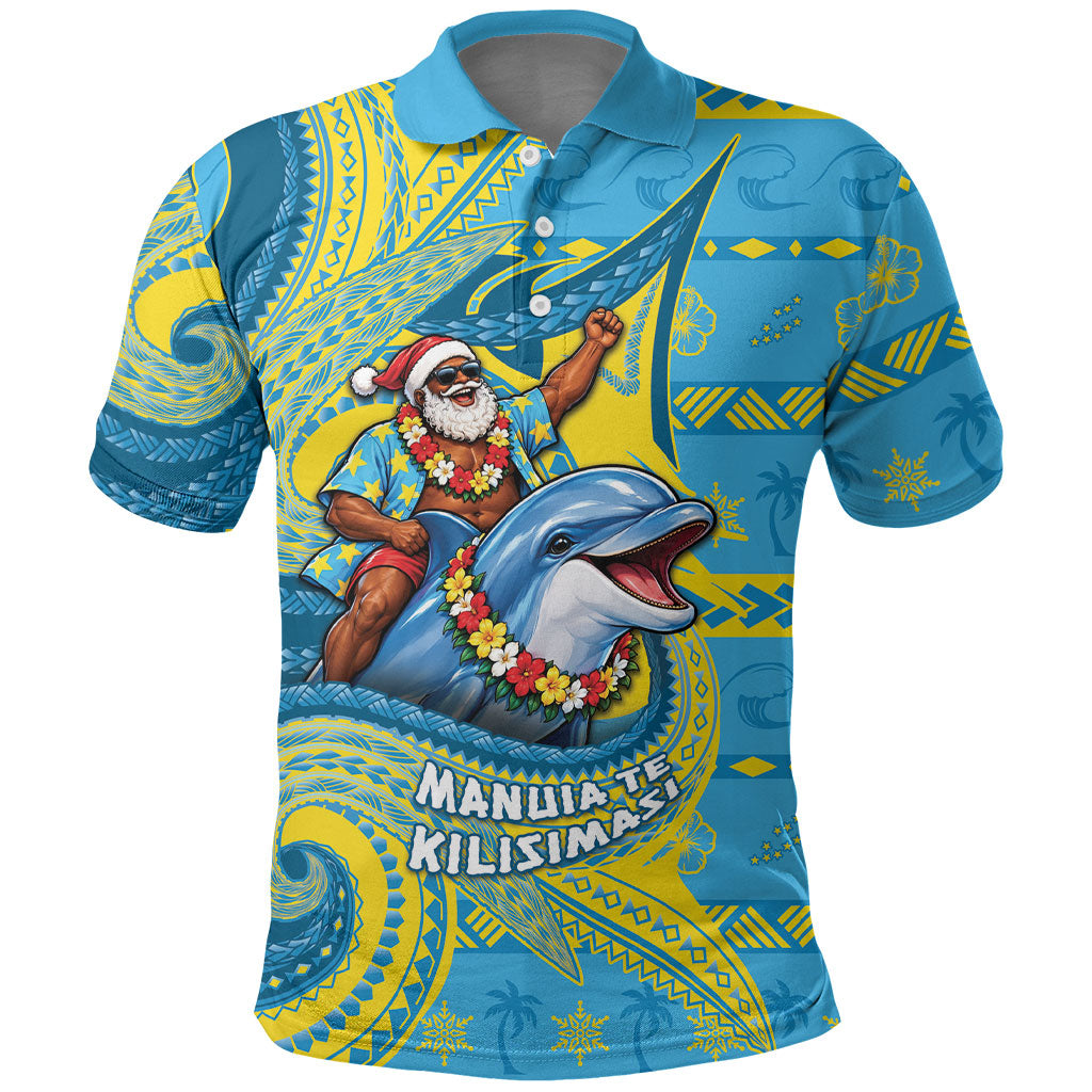 Tuvalu Christmas Polo Shirt Santa Riding Ocean Dolphin
