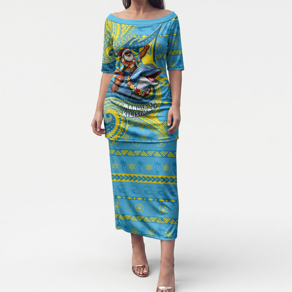 Tuvalu Christmas Puletasi Santa Riding Ocean Dolphin DT05 Long Dress Blue - Polynesian Pride